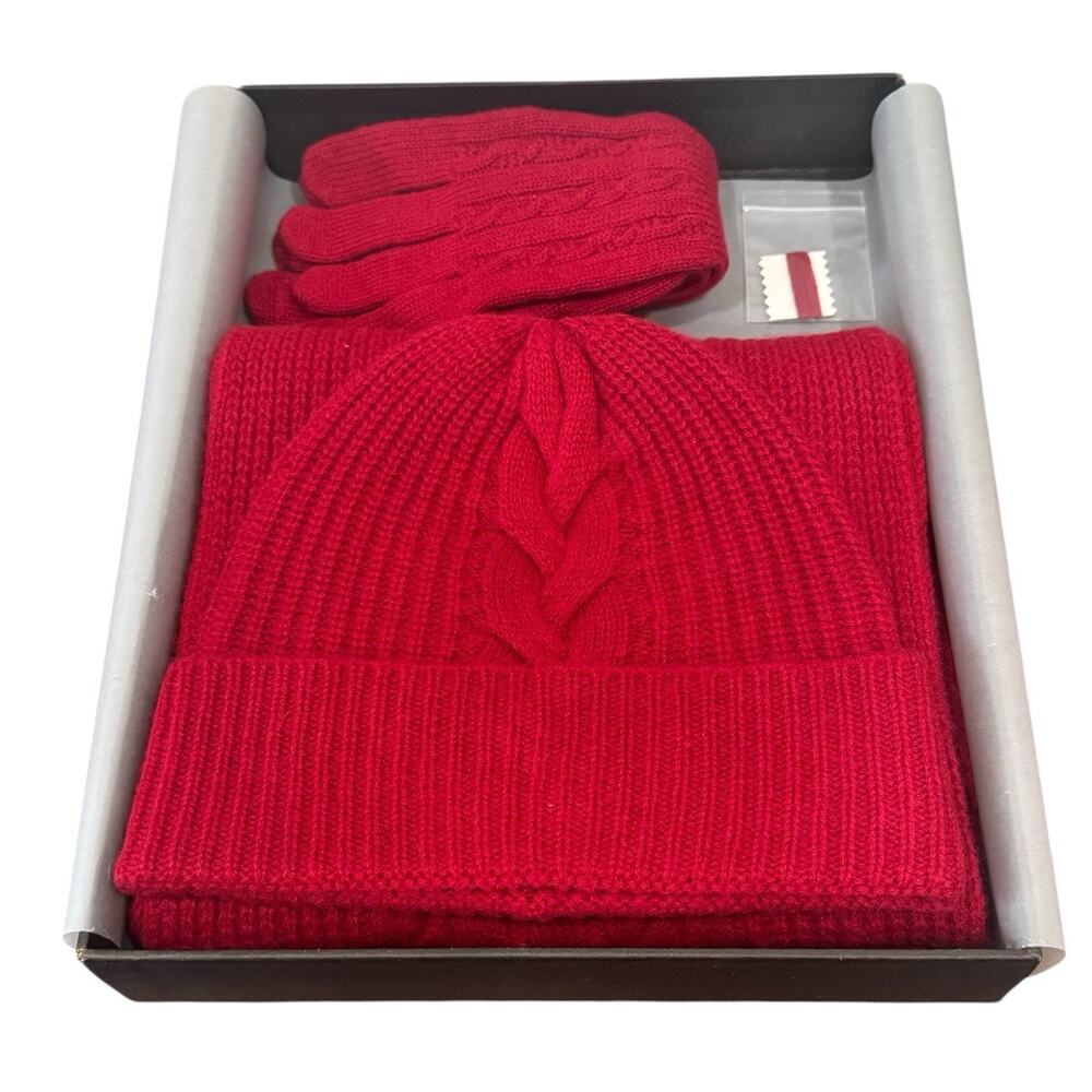 Villand Collection Women Cashmere Scarf Gloves Beanie Set Red 100% Cashmere